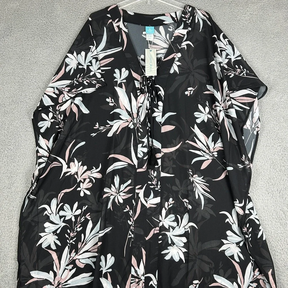 Coastal Blue Kaftan Swim Cover Up Womens Large Black Floral Sheer Tassel Cruise‎